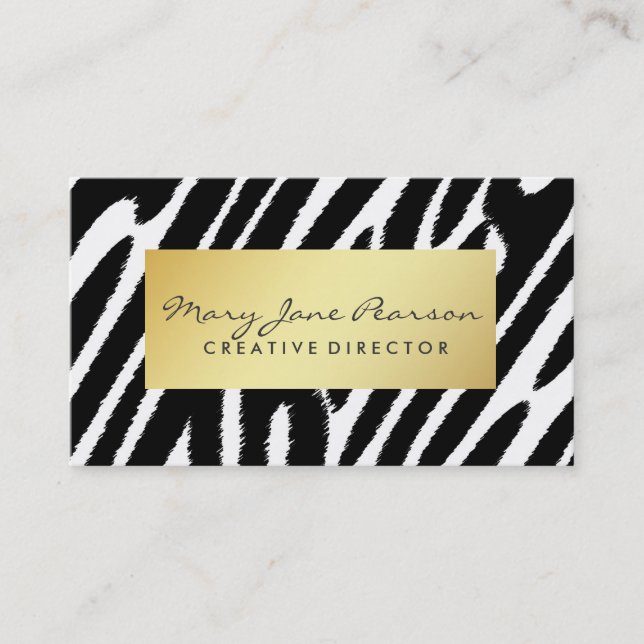 Elegant Gold Luxe Black White Zebra Pattern Business Card (Front)