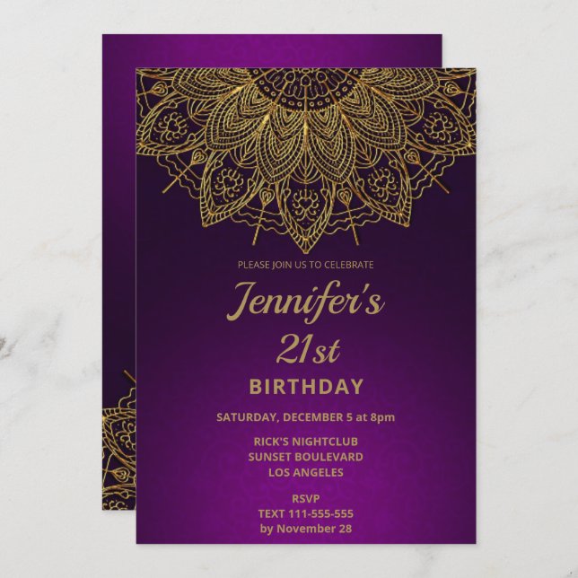 Elegant Gold Mandala 21st Birthday Invitation (Front/Back)