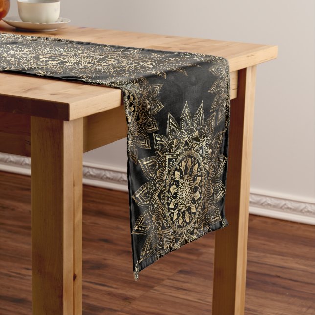 Elegant Gold Mandala Black Design Short Table Runner (In Situ)