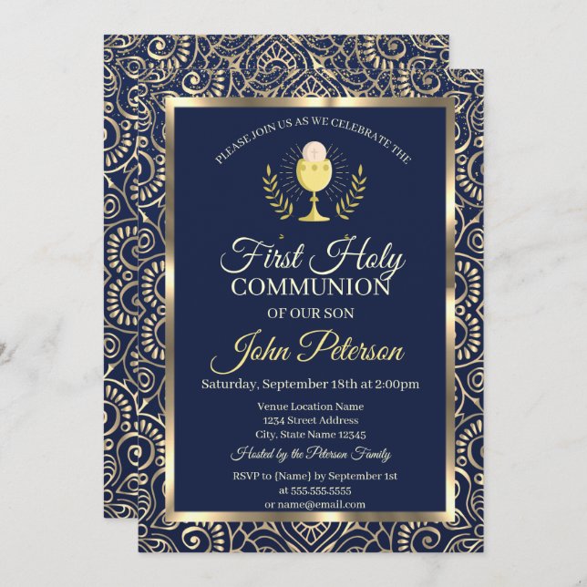 Elegant Gold Mandala Blue First Holy Communion Invitation (Front/Back)