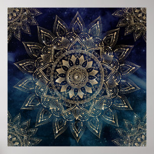 Elegant Gold Mandala Blue Galaxy Design Poster