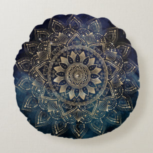 Elegant Gold Mandala Blue Galaxy Design Round Cushion