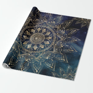 Elegant Gold Mandala Blue Galaxy Design Wrapping Paper