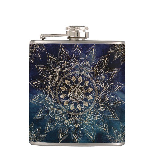 Elegant Gold Mandala Blue Galaxy Hip Flask (Front)