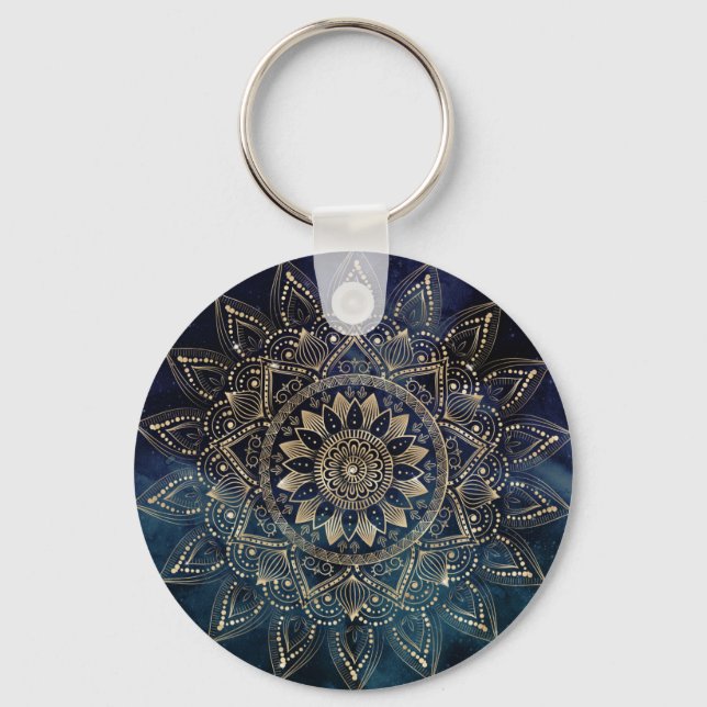 Elegant Gold Mandala Blue Galaxy Key Ring (Front)