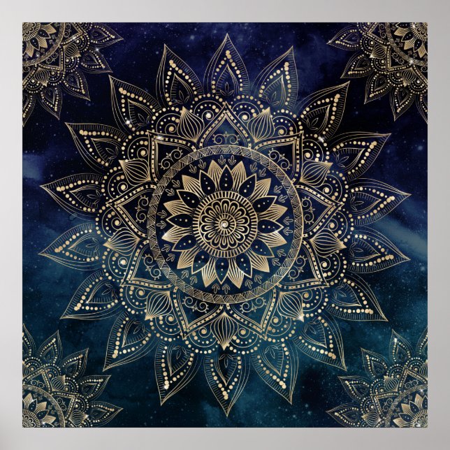 Elegant Gold Mandala Blue Galaxy Poster (Front)