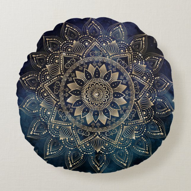 Elegant Gold Mandala Blue Galaxy Round Cushion (Front)