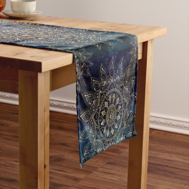 Elegant Gold Mandala Blue Galaxy Short Table Runner (In Situ)