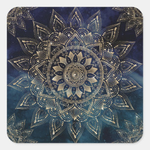 Elegant Gold Mandala Blue Galaxy Square Sticker