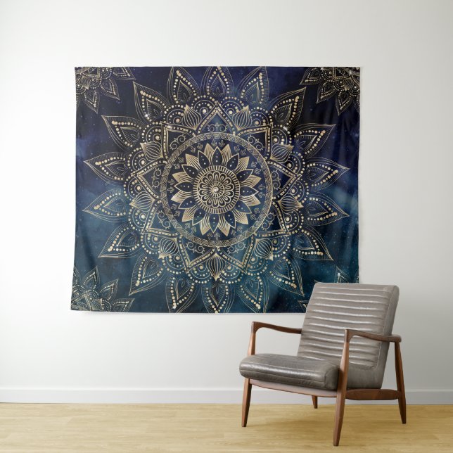 Elegant Gold Mandala Blue Galaxy Tapestry (In Situ (Horizontal))