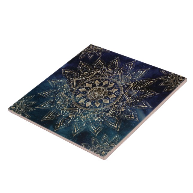 Elegant Gold Mandala Blue Galaxy Tile (Side)