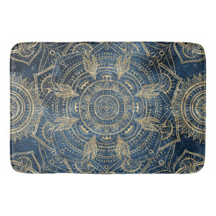 Elegant Gold Mandala Blue Whimsy Design Bath Mat