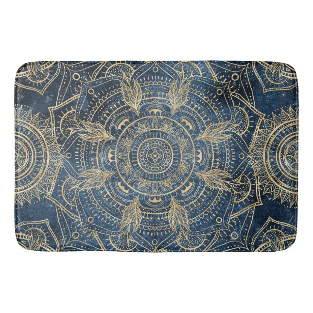 Elegant Gold Mandala Blue Whimsy Design Bath Mat (Front)
