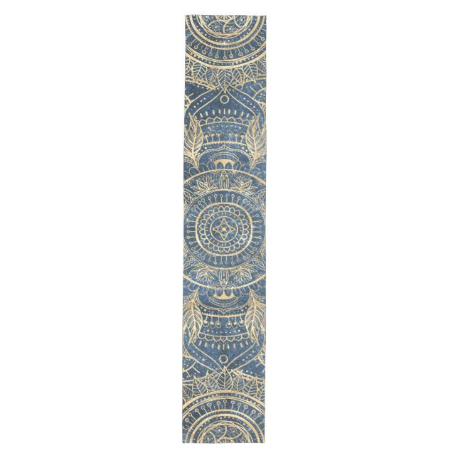 Elegant Gold Mandala Blue Whimsy Design Medium Table Runner (Front)