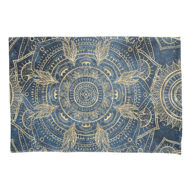 Elegant Gold Mandala Blue Whimsy Design Pillowcase (Front-Left)