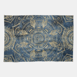 Elegant Gold Mandala Blue Whimsy Design Tea Towel