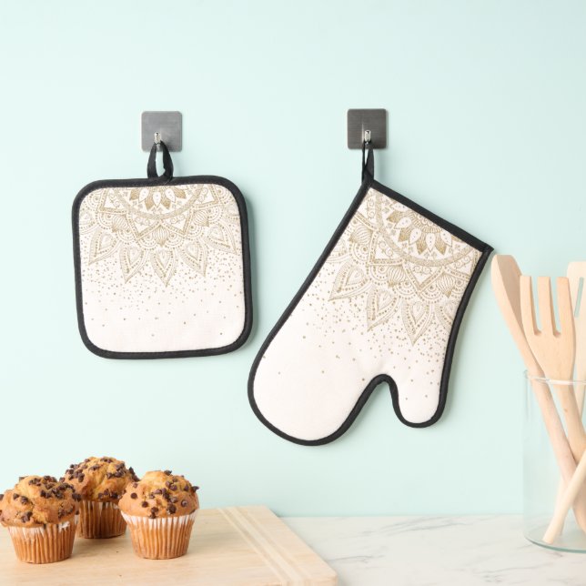 Elegant Gold Mandala Dots Design Oven Mitt & Pot Holder Set (Insitu(Hanging))