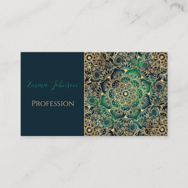Elegant Gold Mandala Floral Green Blue Business Card (Front)