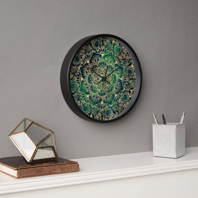 Elegant Gold Mandala Floral Green Blue Clock (Office)