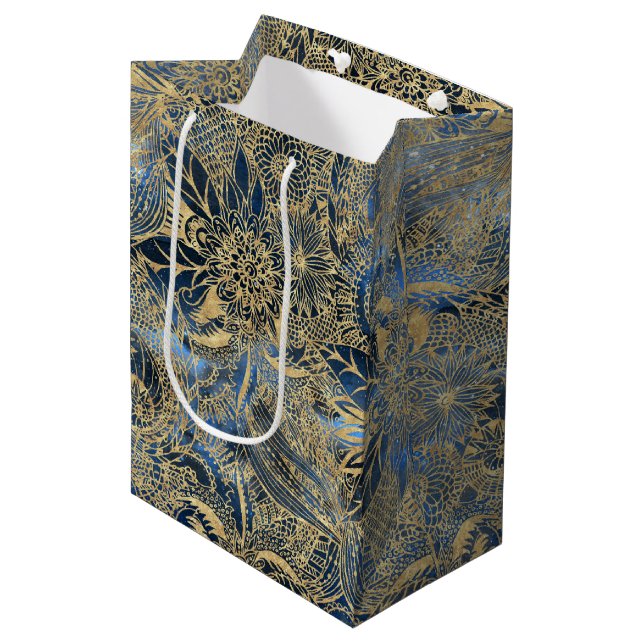 Elegant Gold Mandala Flowers Blue Nebula Medium Gift Bag (Front Angled)