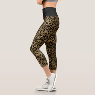 Elegant Gold Mandala Pattern on Black Capri Leggings