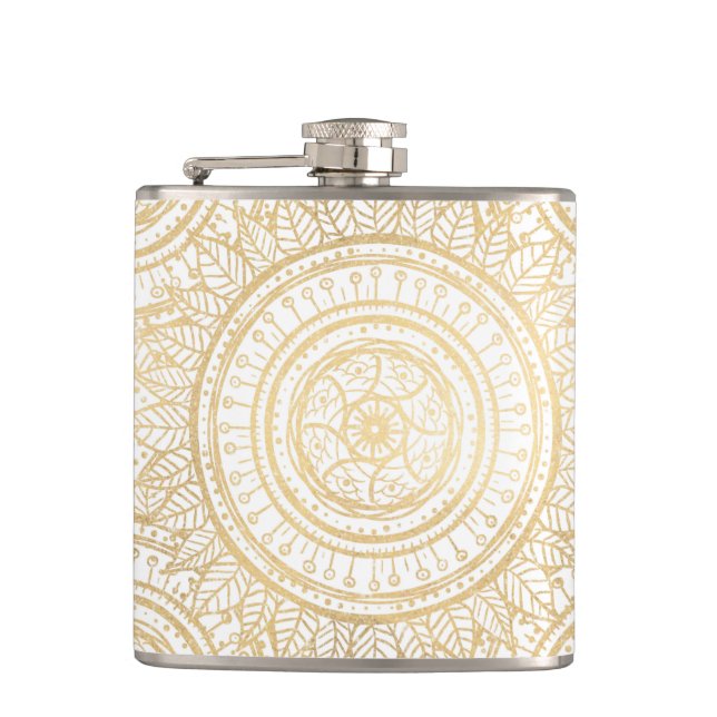 Elegant Gold Mandala Sunflower White Pattern Hip Flask (Front)