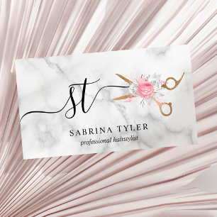 Elegant gold marble floral scissors hairstylist business card