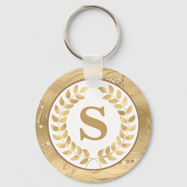Elegant Gold Marble & Laurel Wreath Personalised Key Ring (Front)
