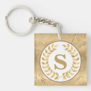 Elegant Gold Marble & Laurel Wreath Personalised Key Ring