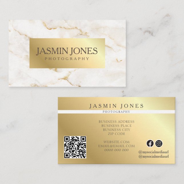 Elegant Gold Marble QR Code Business Card (Front/Back)