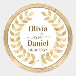 Elegant Gold Marble & Wreath Personalized Wedding Classic Round Sticker