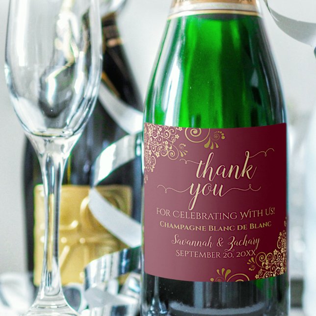 Elegant Gold & Maroon Burgundy Wedding Thank You Sparkling Wine Label (Creator Uploaded)