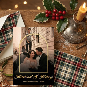 Elegant Gold Married & Merry Plaid Arch Photo