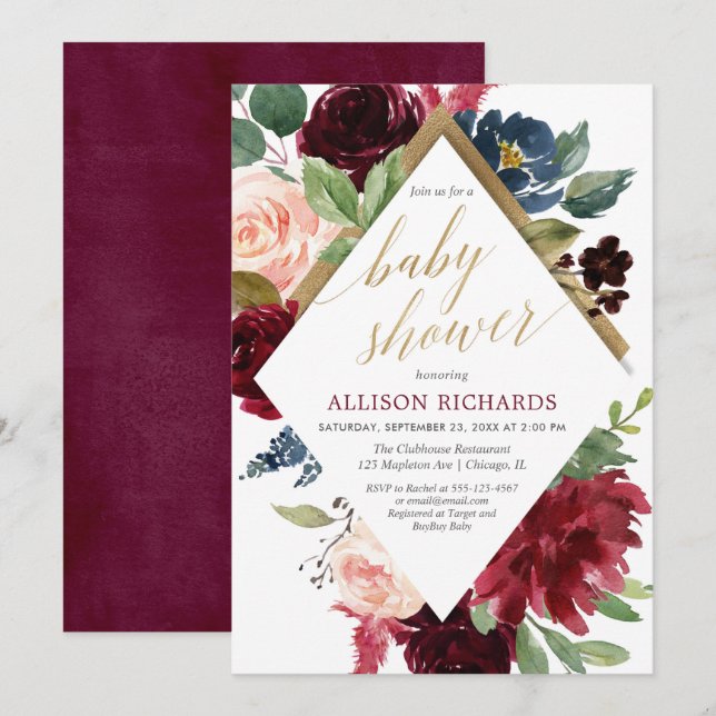 Elegant gold marsala burgundy pink baby shower invitation (Front/Back)