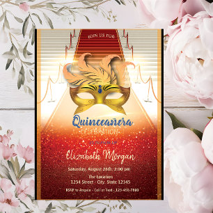 Elegant Gold Masque, Red Carpet Quinceanera Invitation