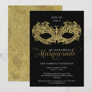 Elegant Gold Masquerade Mask Quinceanera Invitation