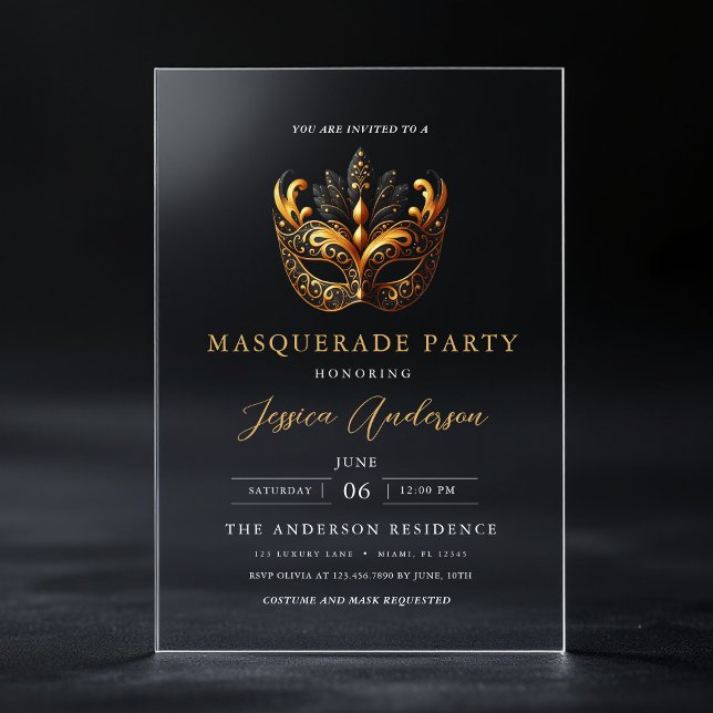 Elegant Gold Masquerade Party Birthday Acrylic Invitations (Creator Uploaded)