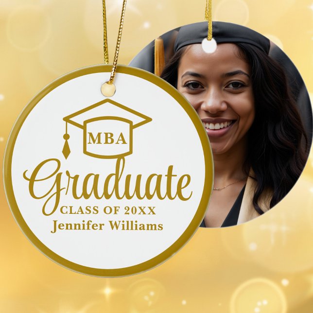 Elegant Gold MBA Graduation Photo Christmas Ceramic Tree Decoration (Creator Uploaded)