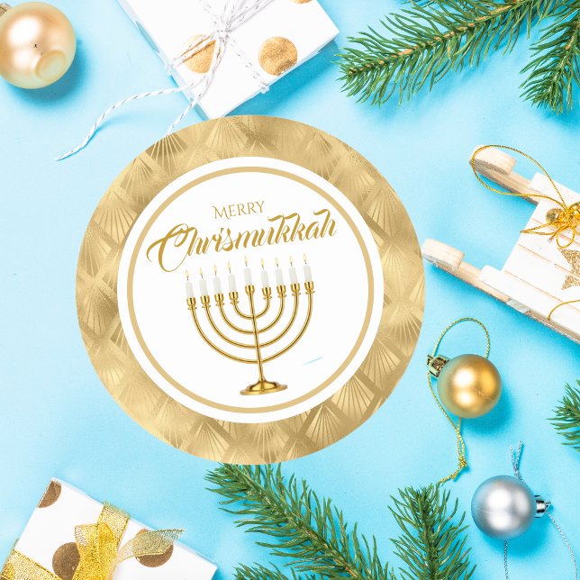 Elegant Gold Menorah Jewish Merry Chrismukkah Classic Round Sticker (Creator Uploaded)