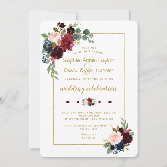 Elegant Gold Merlot Navy Blue Floral Wedding Invitation (Front)
