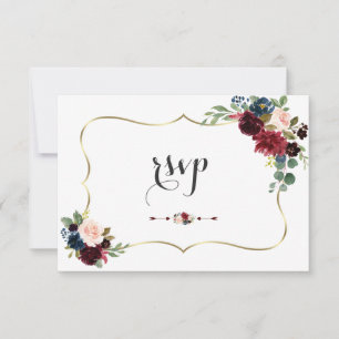 Elegant Gold Merlot Navy Blue Floral Wedding RSVP Card