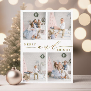 Elegant Gold Merry & Bright 4 Photo Collage Holiday Card