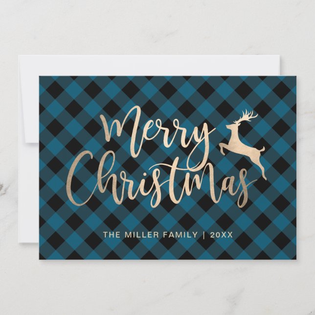 Elegant Gold Merry Christmas Black & Blue Plaid Holiday Card (Front)