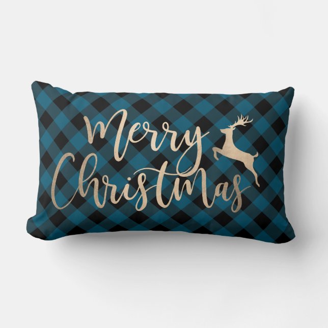 Elegant Gold Merry Christmas Black & Blue Plaid Lumbar Cushion (Front)
