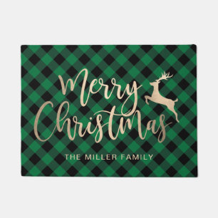 Elegant Gold Merry Christmas Black & Green Plaid Doormat