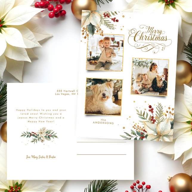 Elegant Gold Merry Christmas Botanical 3-Photo Holiday Postcard (Creator Uploaded)