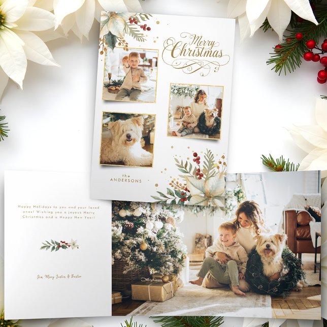 Elegant Gold Merry Christmas Botanical 3-Photo Tri-Fold Holiday Card (Creator Uploaded)