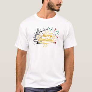 Elegant Gold "Merry Christmas" Calligraphy & Black T-Shirt