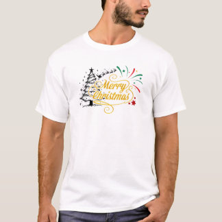 Elegant Gold "Merry Christmas" Calligraphy & Black T-Shirt