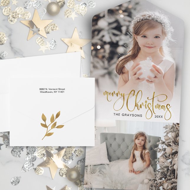 Elegant Gold Merry Christmas Calligraphy Photo All In One Invitation (Creator Uploaded)